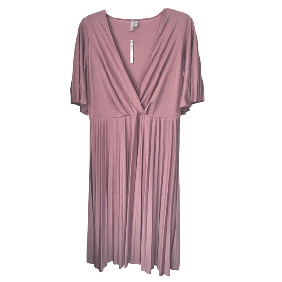 ASOS Dress Simply Be Pleated Kimono Sleeve Deep V Neck Midi Skater Rose Pink - Picture 12 of 14